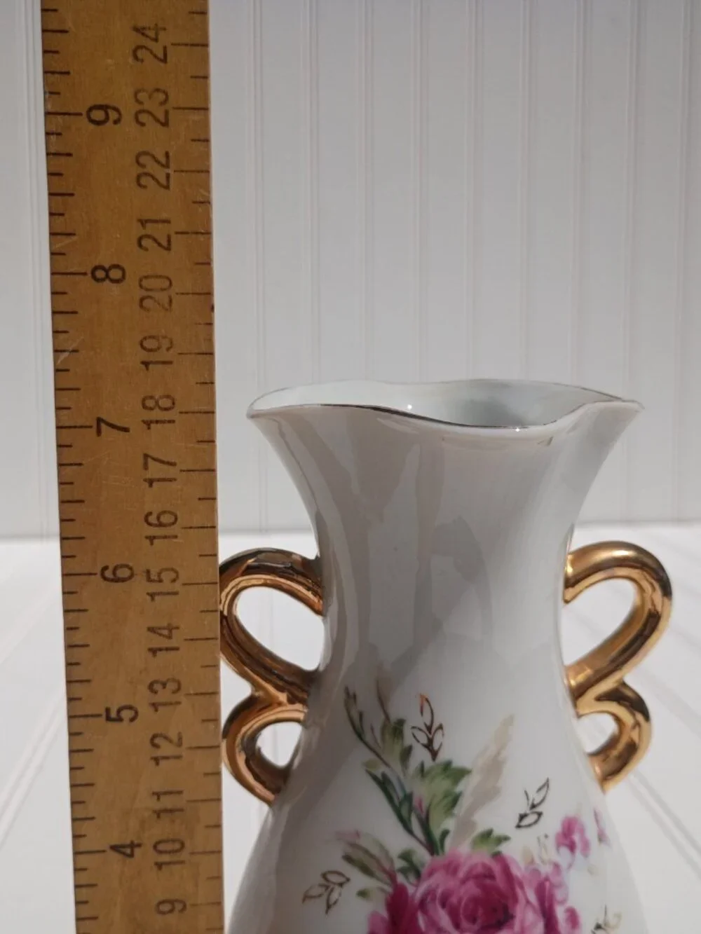 Vintage Japanese Porcelain Vase Pink Rose Floral Gold Trim Scroll Handles 7.25